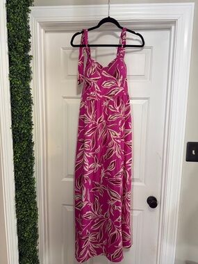 Fuchsia Tie-Shoulder Maxi Dress with White Leaf Print